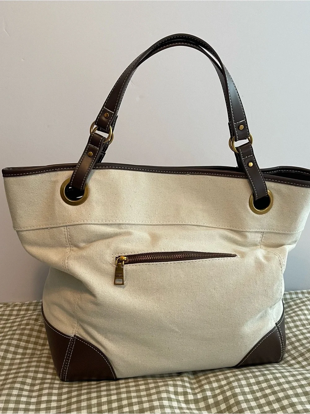 NWT Steve Madden Beige Canvas Tote with Chocolate Brown Trim and Gold Hardware